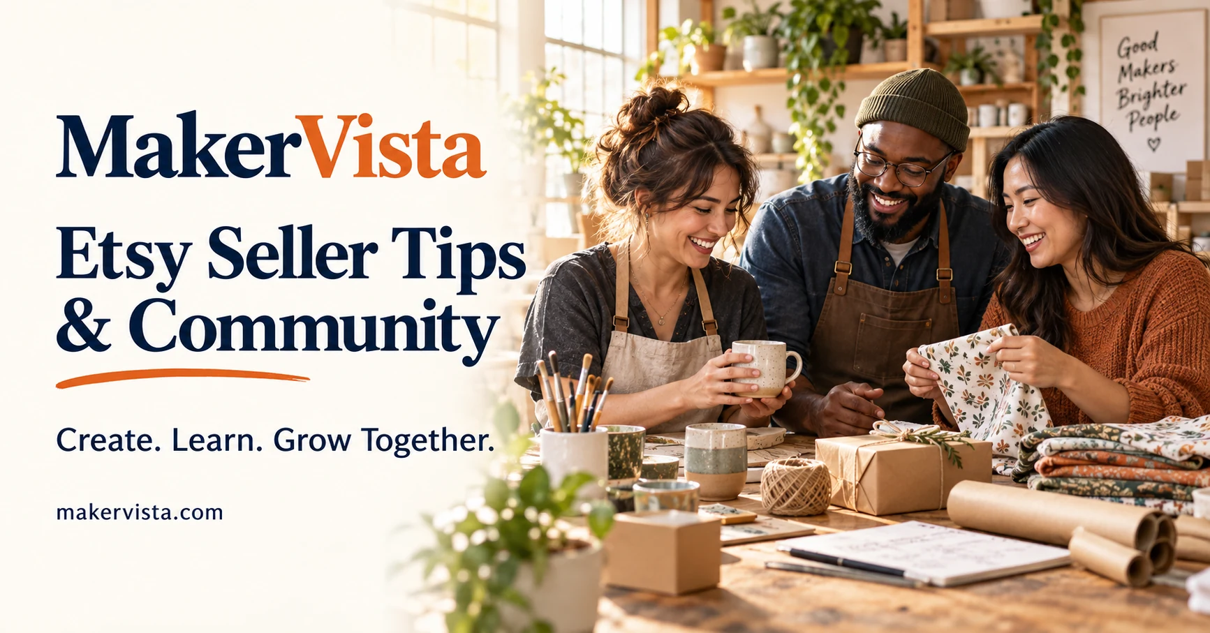 MakerVista Etsy Seller Tips & Community — Create. Learn. Grow Together. Makers sharing ideas in a workshop.